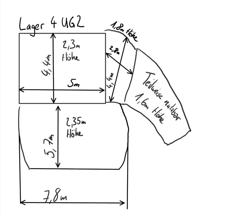 Floor plan showing two rectangular rooms with labeled dimensions in meters. The top room is labeled 'Lager 4 UG2' with dimensions 5m by 2.3m. The bottom room has dimensions 7.8m by 2.35m. A connecting section is labeled 'Teilweise natzbar' with a height o