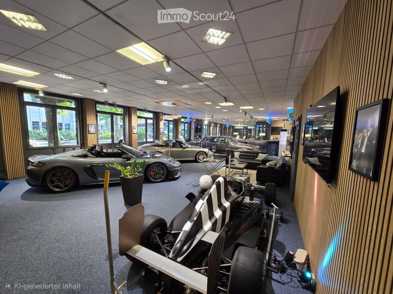 Modern showroom with grey sports car, sofa, small table, chairs, large screen, and potted plant.