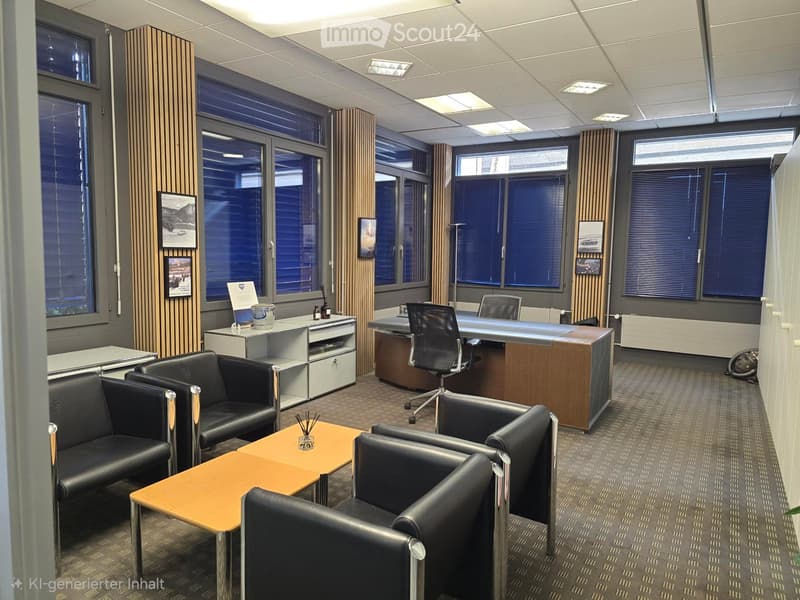 Modern office space with large windows, leather sofas, a coffee table, a desk, and office chairs.