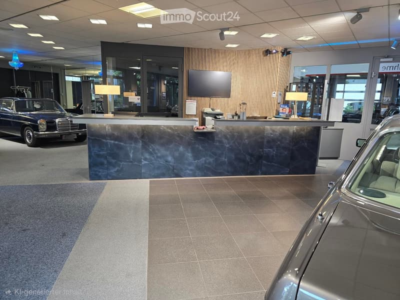 Modern reception area with a marble reception desk, table lamps, a screen, and classic cars displayed.