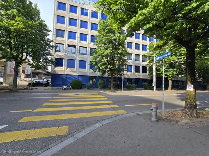 Modern multi-story building with blue window shutters, located on a street corner with a pedestrian crossing and trees lining the sidewalk.