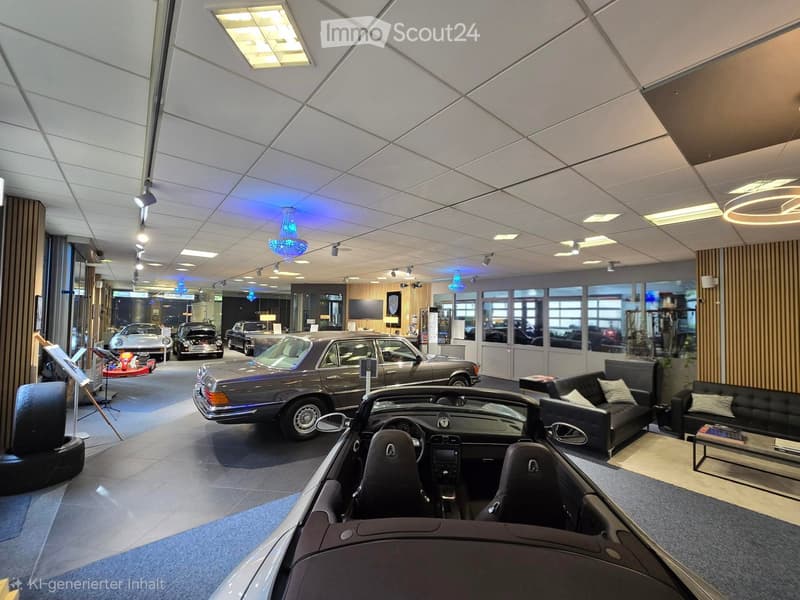 Modern showroom with several vintage cars displayed, a seating area with a sofa, table, and chairs, and a large screen on the wall.