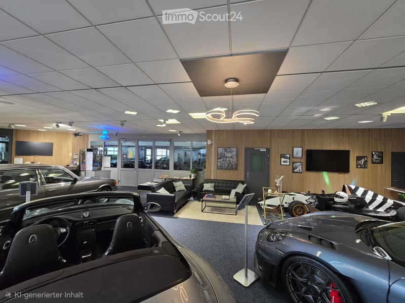 Modern showroom with a sleek design, featuring a sofa, coffee table, screens, and several luxury cars on display.