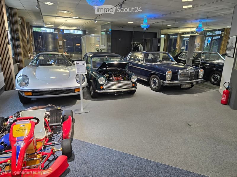 Car showroom with several vintage cars and a go-kart on display, including a silver Porsche, a green Mini, a blue Mercedes-Benz, and a red go-kart.