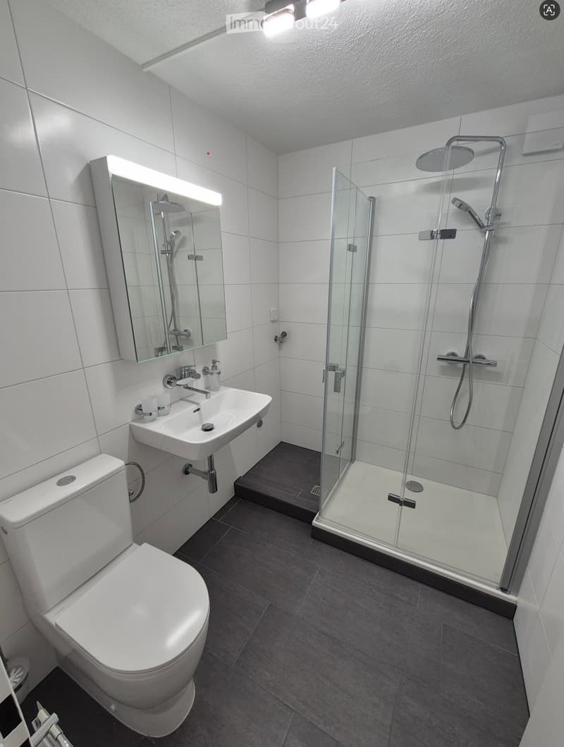 Modern bathroom with white tiles, a toilet, a sink with a mirror, and a glass-enclosed shower with a handheld showerhead.