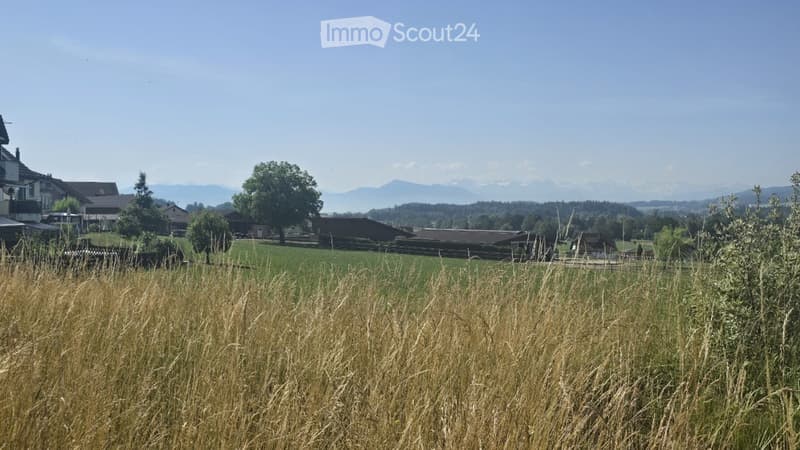 Rural landscape with fields, scattered houses, trees, and distant mountains under a clear blue sky.