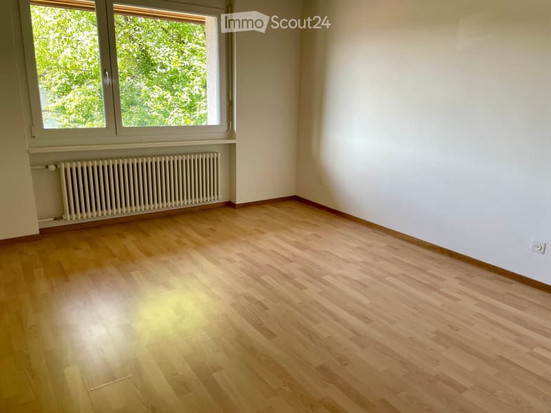Empty room with light wooden flooring, white walls, and a radiator under a large window with a view of greenery.