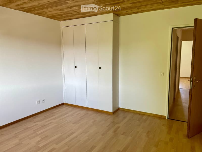 Empty room with light wooden flooring, white walls, and built-in white closet units. The room has a wooden door leading to another space.