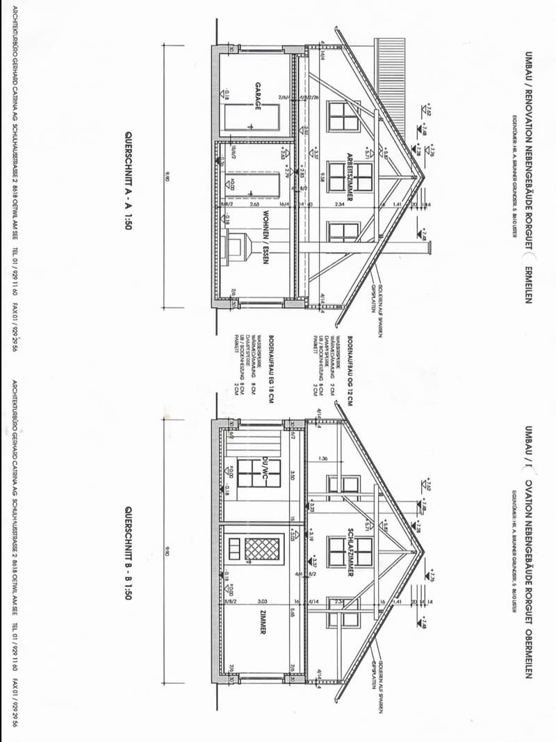 Floor plan showing two levels of a house with labeled rooms including garage, work room, living/dining area, bedroom, and storage area.
