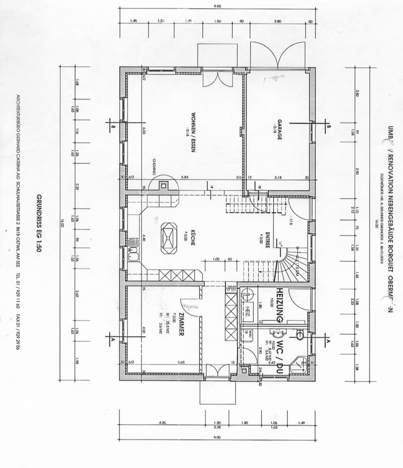 Ground floor plan showing a living room, kitchen, dining area, bedroom, bathroom, and garage. Includes dimensions and labeled areas.