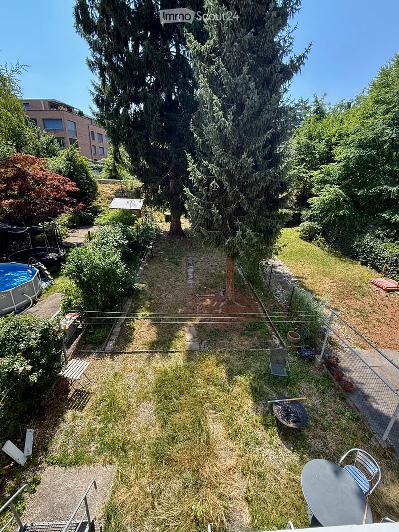 Garden area with a swimming pool, trampoline, barbecue, and various greenery including trees and shrubs.