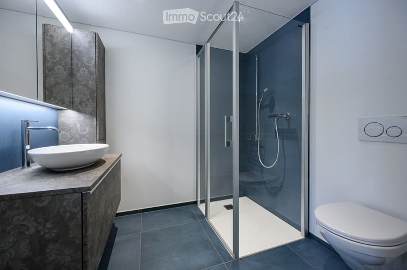 Modern bathroom with a white sink, chrome faucet, glass-enclosed shower, and toilet. The shower has a handheld showerhead and a built-in seat.