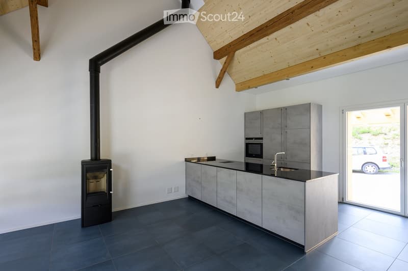 Modern kitchen with grey cabinets, black countertop, built-in oven, sink, and a fireplace with a chimney.