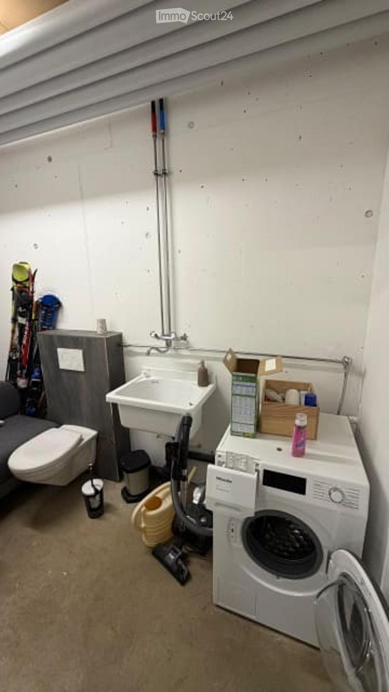 Bathroom with a toilet, sink, washing machine, and skis stored in the corner. Cleaning supplies and a small cabinet are also visible.