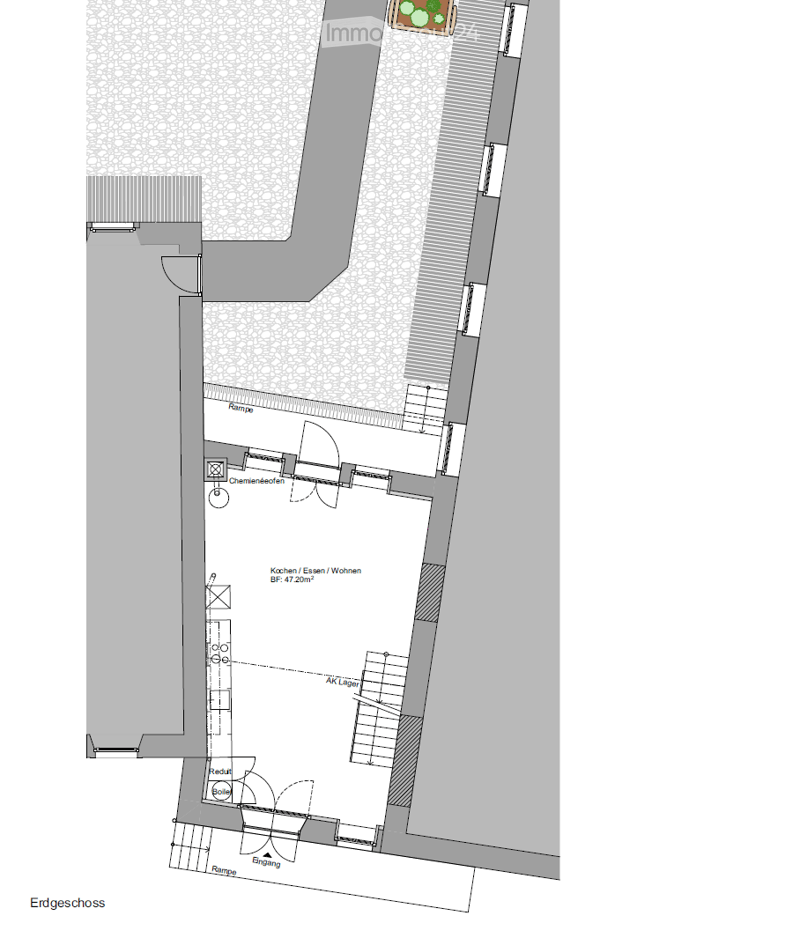 Ground floor floor plan showing kitchen/dining/living area, hallway, storage, and entrance ramp.