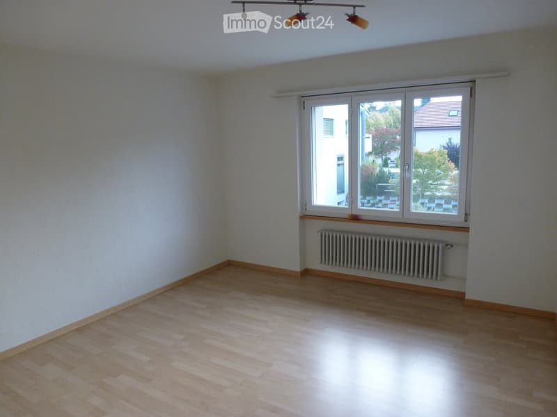 empty room, white walls, wooden floor, large window, white radiator