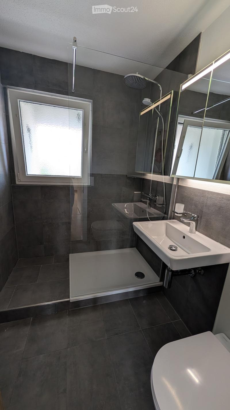 Modern bathroom with dark tiled walls and floor, featuring a walk-in shower with glass enclosure, a white sink with modern faucet, a toilet, and a bathtub. The space includes a large mirror with built-in lighting and a window providing natural light.