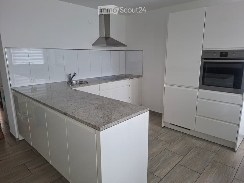 Modern kitchen with white cabinets, granite countertop, stainless steel appliances, and wooden flooring.