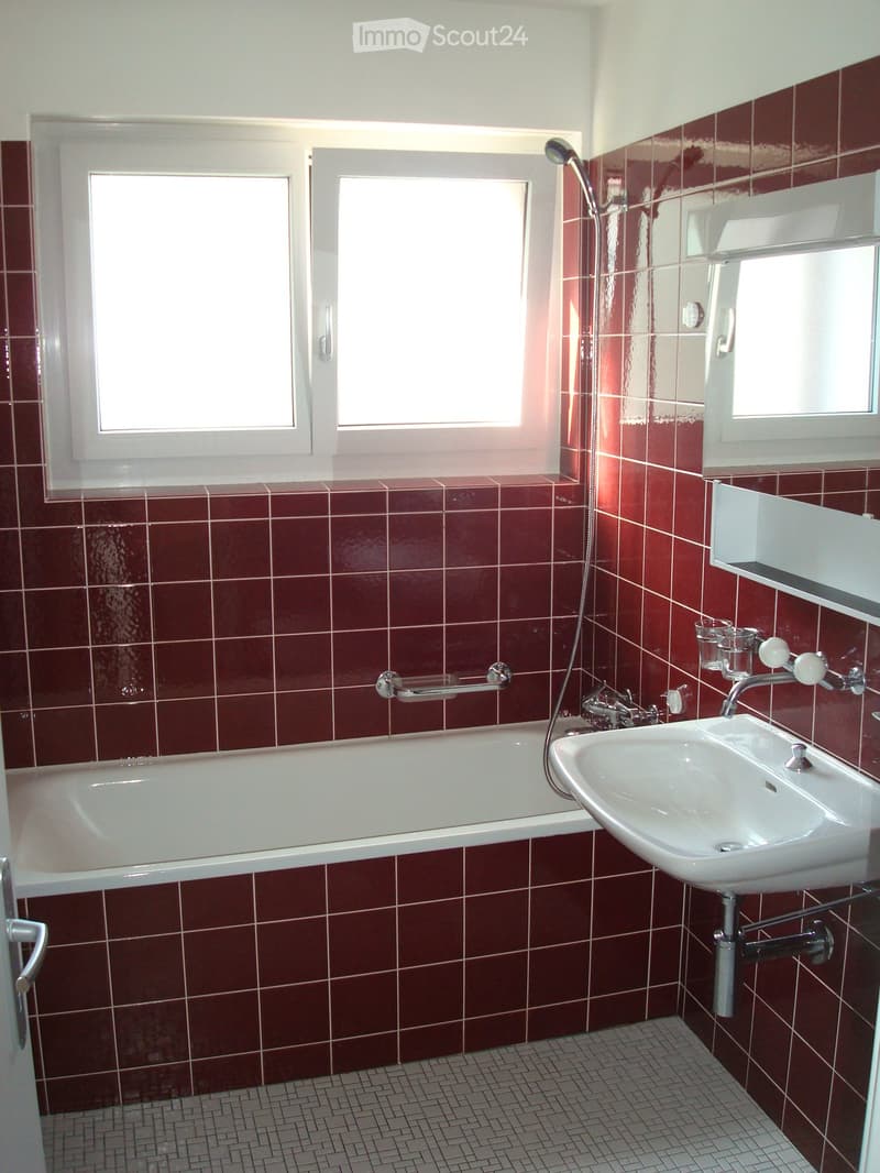 Bathroom with red tiled walls, a white bathtub, a white sink, a showerhead, and a handrail.