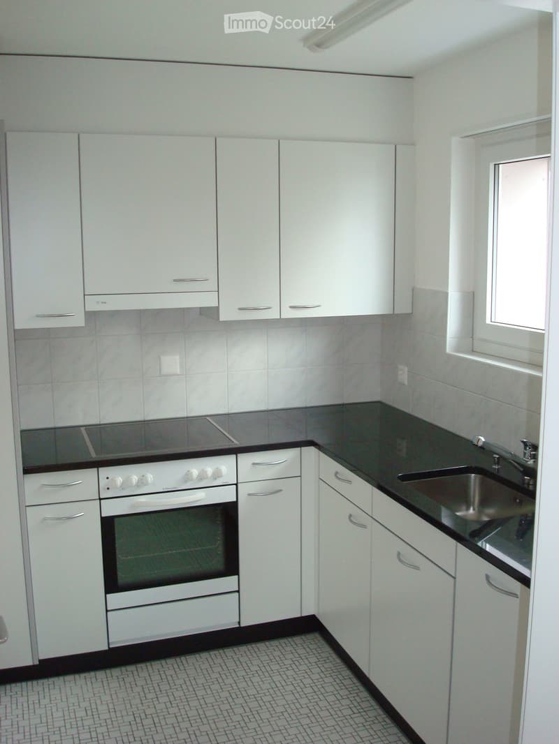 Modern kitchen with white cabinets, black countertop, built-in oven, and stainless steel sink.
