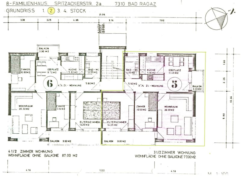 Floor plan of a 4-story family house in Bad Ragaz, showing multiple apartments with living rooms, bedrooms, kitchens, bathrooms, balconies, and dining areas.