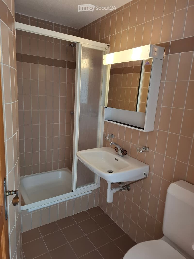Bathroom with a white sink, mirror cabinet, bathtub, and toilet. Brown tiled walls and floor.