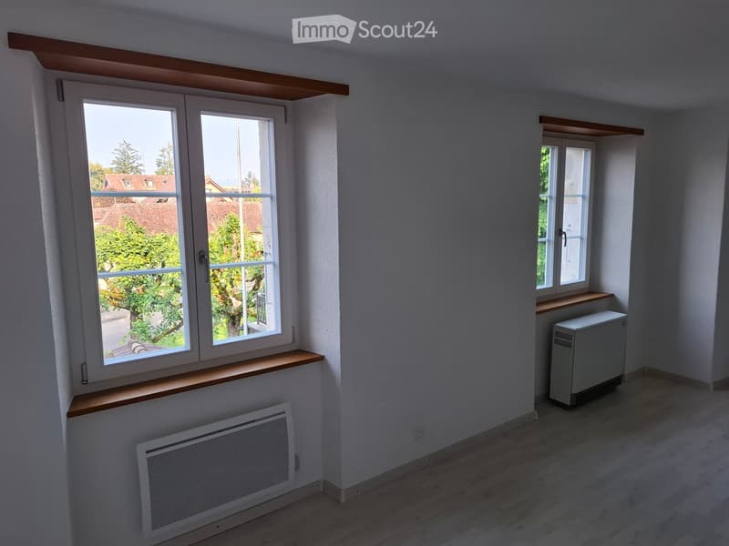 Empty room with light-colored walls, wooden flooring, and two windows with wooden sills. Radiators are present under the windows.