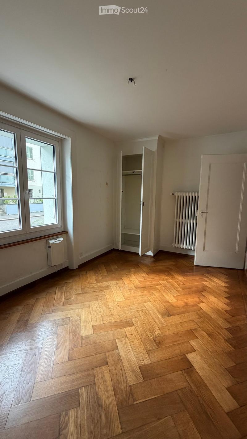 Empty room with wooden herringbone flooring, large window with radiator, open closet, and white walls.