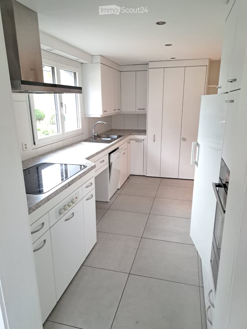 Modern kitchen with white cabinets, granite countertops, stainless steel appliances, and large windows.