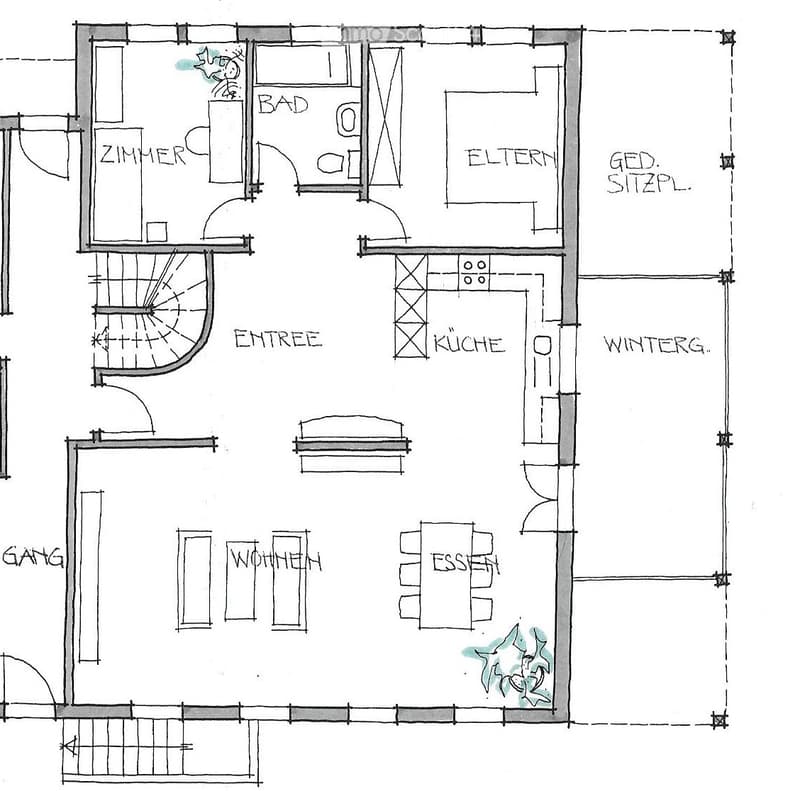 Floor plan showing a multi-room layout including a living area (WOHEN), dining area (ESSEN), kitchen (KÜCHE), bathroom (BAD), bedroom (ZIMMER), and parents' room (ELTERN).