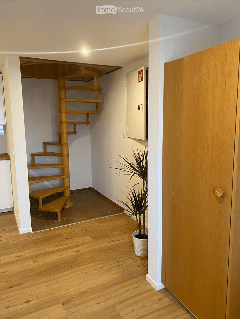 Open room with wooden spiral staircase, floor heating, wooden floor, wooden closet, plant, open fire alarm