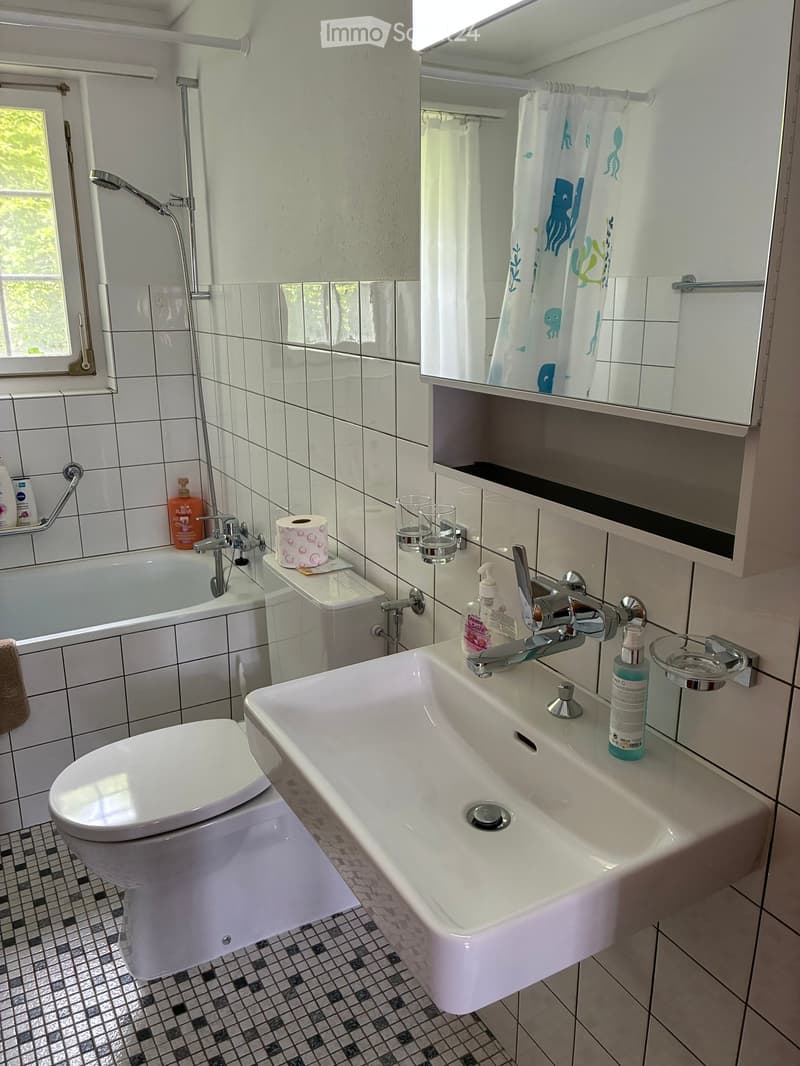 Bathroom with a white sink, toilet, bathtub, mirror, and various toiletries. The room features tiled walls and a window with a view of greenery.