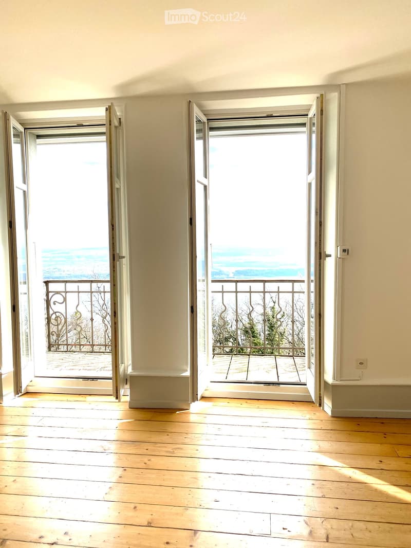 Empty room with wooden flooring, two open doors leading to balconies with metal railings and scenic views.