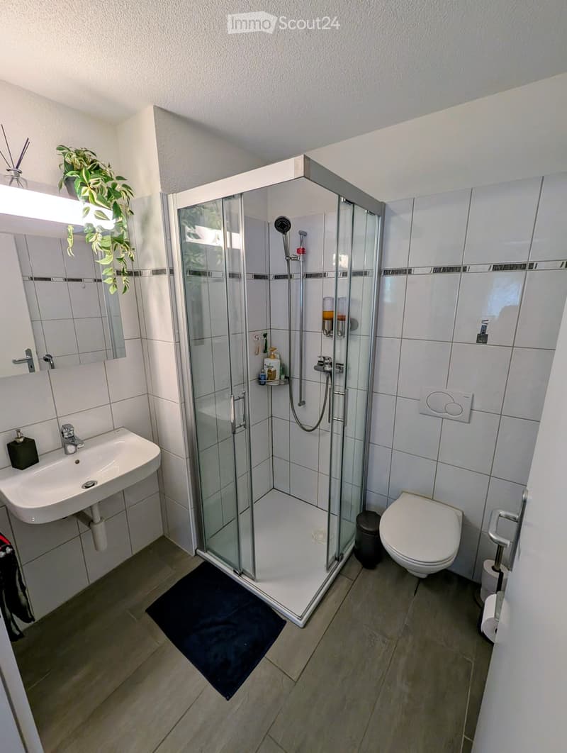 Modern bathroom with white tiles, a glass-enclosed shower, a sink, a toilet, and a small plant on the windowsill.