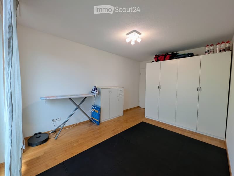 A small, unfurnished room with wooden flooring, white walls, and a ceiling light fixture. Contains an ironing board with an iron, a small cabinet, a vacuum cleaner, and a black rug.