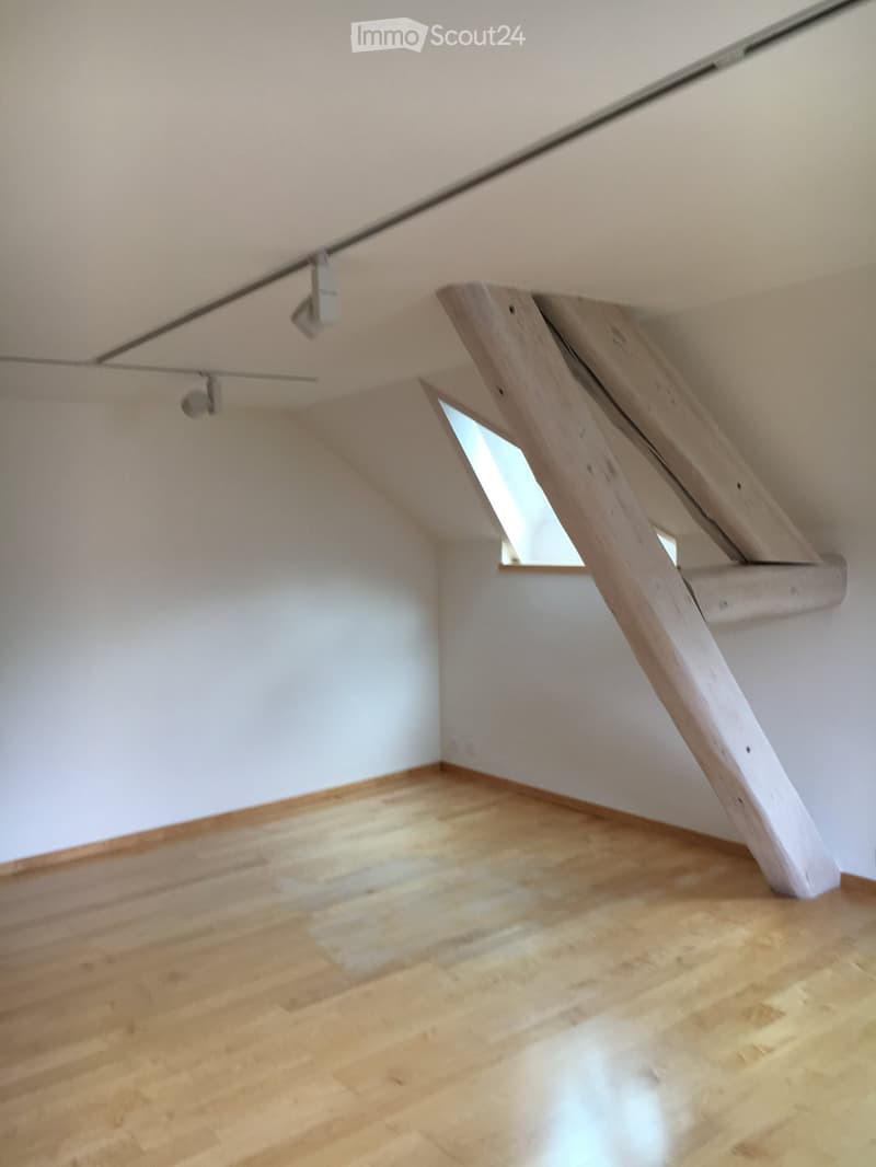 Empty attic space with wooden floor, white walls, skylight window, and wooden staircase leading up.