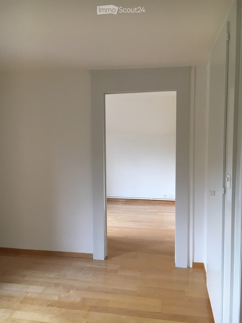 Empty hallway with light wooden flooring and white walls, featuring a doorway leading to another room.