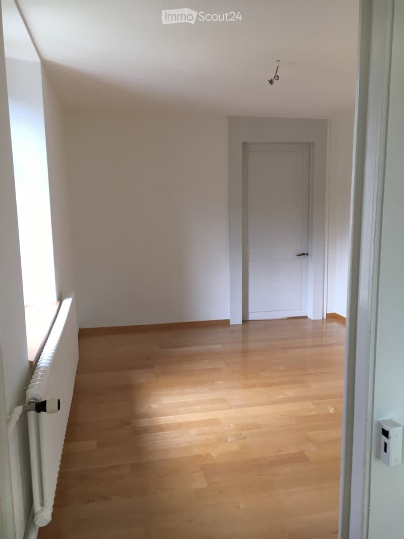Empty hallway with wooden flooring, white walls, and a closed door at the end.