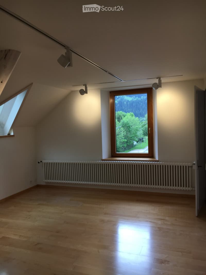 Empty attic room with wooden flooring, white walls, large window with scenic view, radiator, and track lighting.