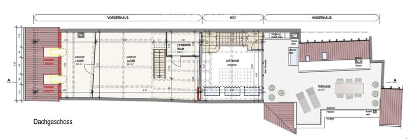 Floor plan of a roof level showing a loft space, storage areas, and a terrace.