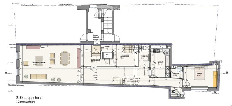 Floor plan of a 7-room apartment on the second floor, including living/dining area, kitchen, bedroom, bathroom, hallway, and storage areas.