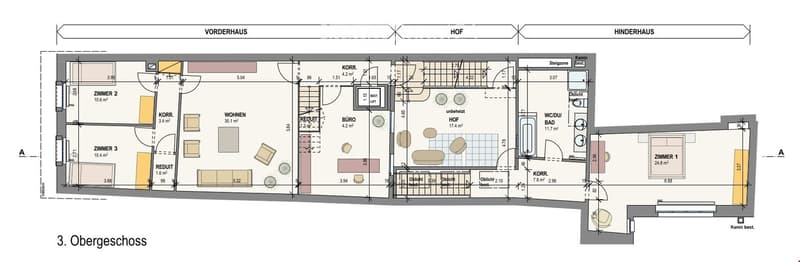 Floor plan of the upper level showing living areas, bedrooms, bathrooms, and a shared courtyard.