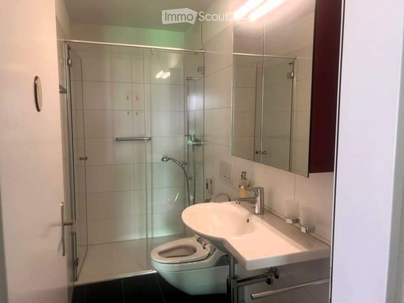 Modern bathroom with white tiles, a glass-enclosed shower, a white sink with a chrome faucet, a toilet, and a large mirror above the sink.