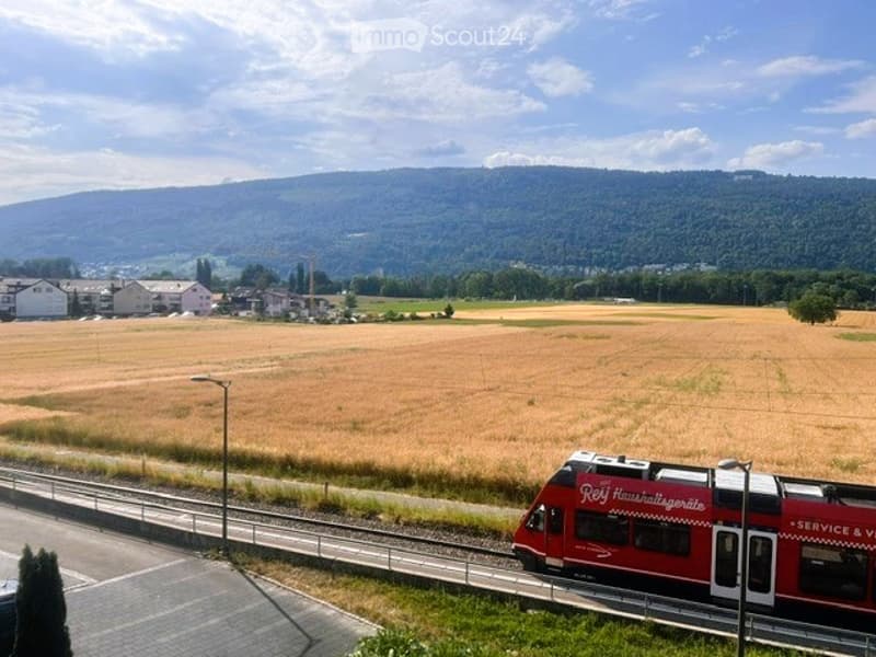 A scenic view of a rural landscape with a train passing through a field, surrounded by hills and houses.
