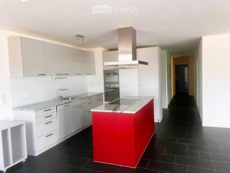 Modern kitchen with white cabinets, a red and white island, stainless steel appliances, and a black tiled floor.
