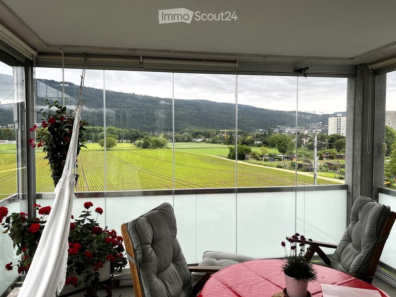 A modern, furnished room with large windows offering a scenic view of a vineyard and mountains. The room features a comfortable chair, a round table with a red tablecloth, and several flower pots with red flowers.