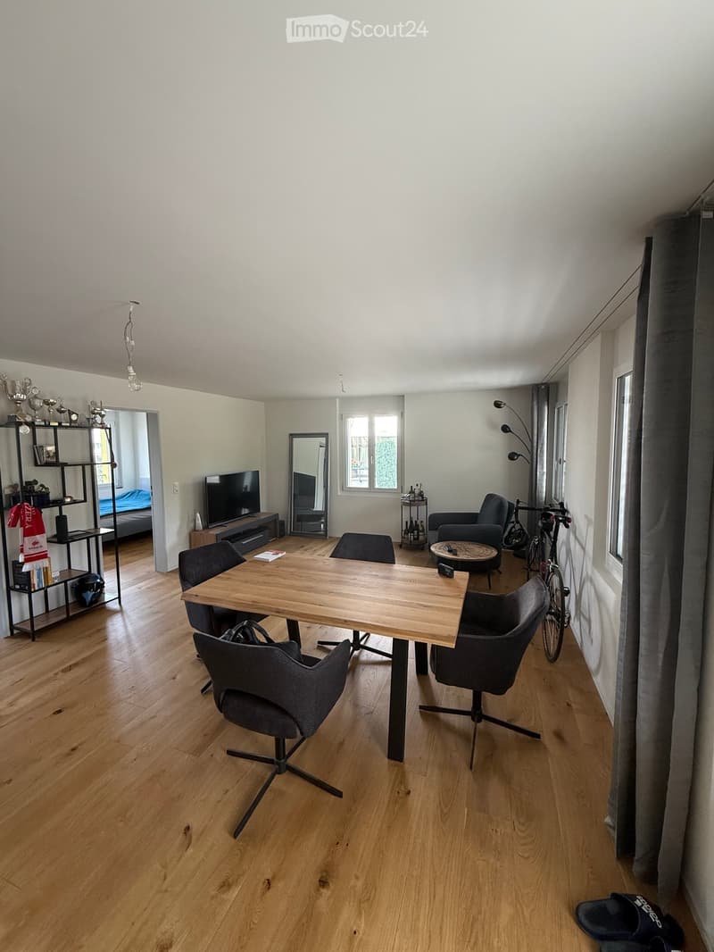 A modern, well-lit living space with a wooden floor, a large central table surrounded by chairs, a TV on a stand, a shelf with decorative items, a bicycle, and a mirror. The room is open and airy with large windows and a view of greenery outside.