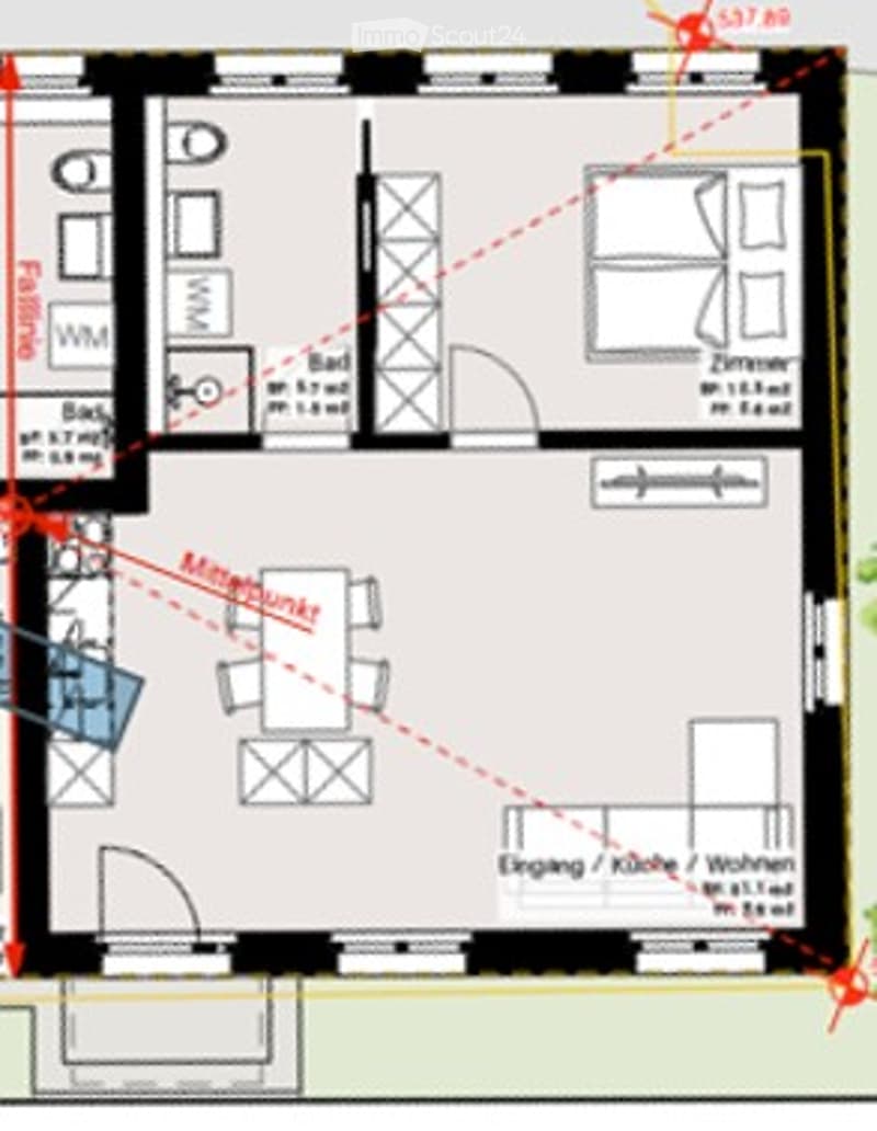 Floor plan of a 2-room apartment with a living/dining area, kitchen, and bedroom. Includes measurements and room labels.