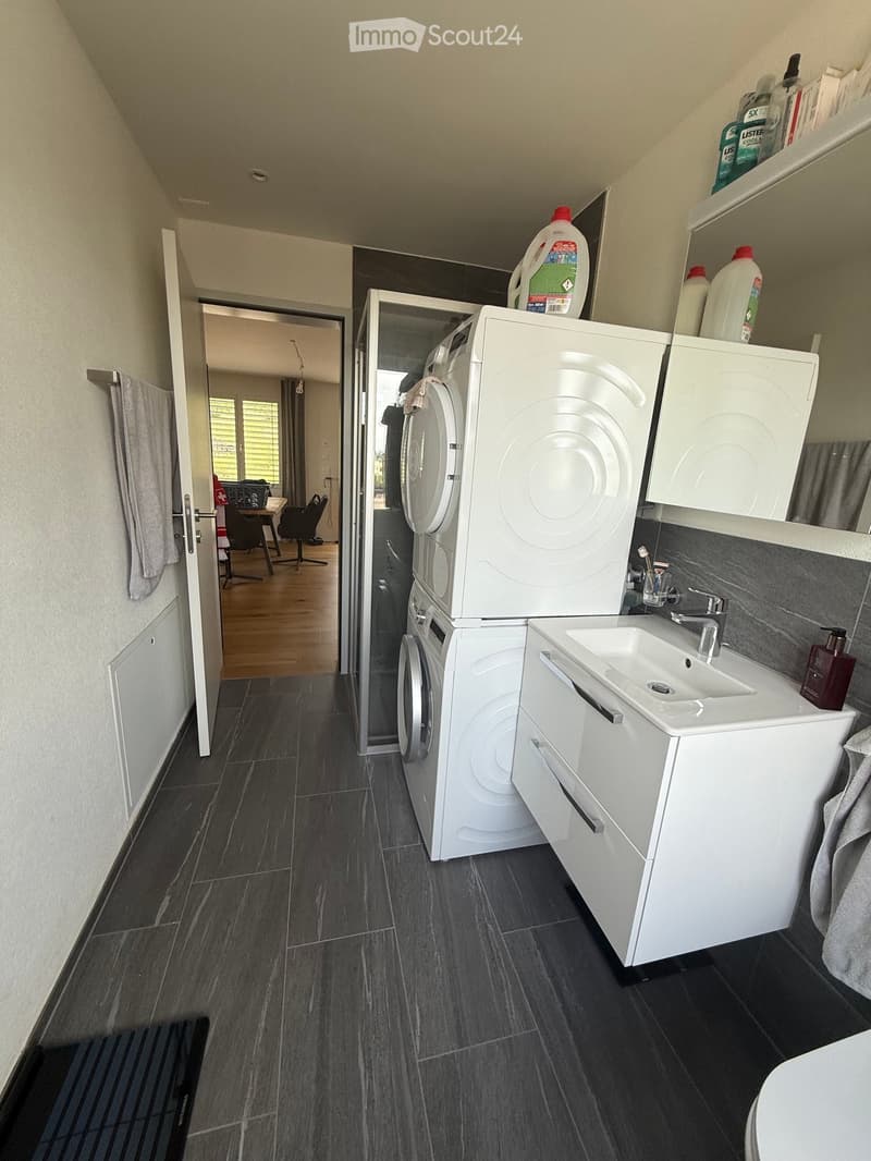 Modern bathroom with dark tiled floor, white washing machine, sink with mirror, and shelves with cleaning supplies.