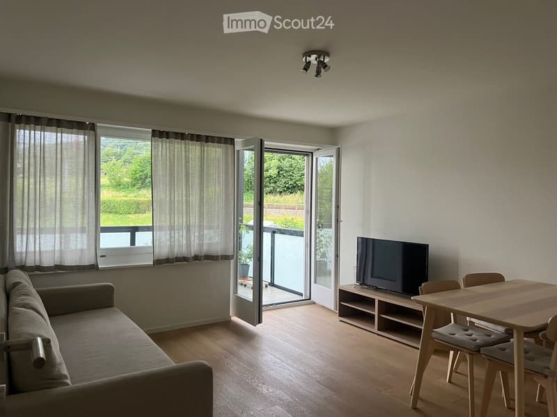 Modern living room with a grey sofa, wooden dining table, chairs, and a TV, connected to a balcony.